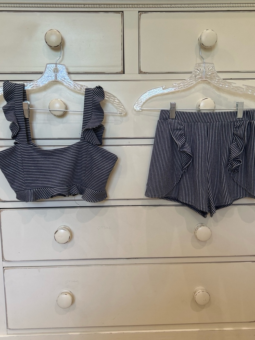 Market White and Navy Striped Matching Set - Crop Top & Shorts with ruffles